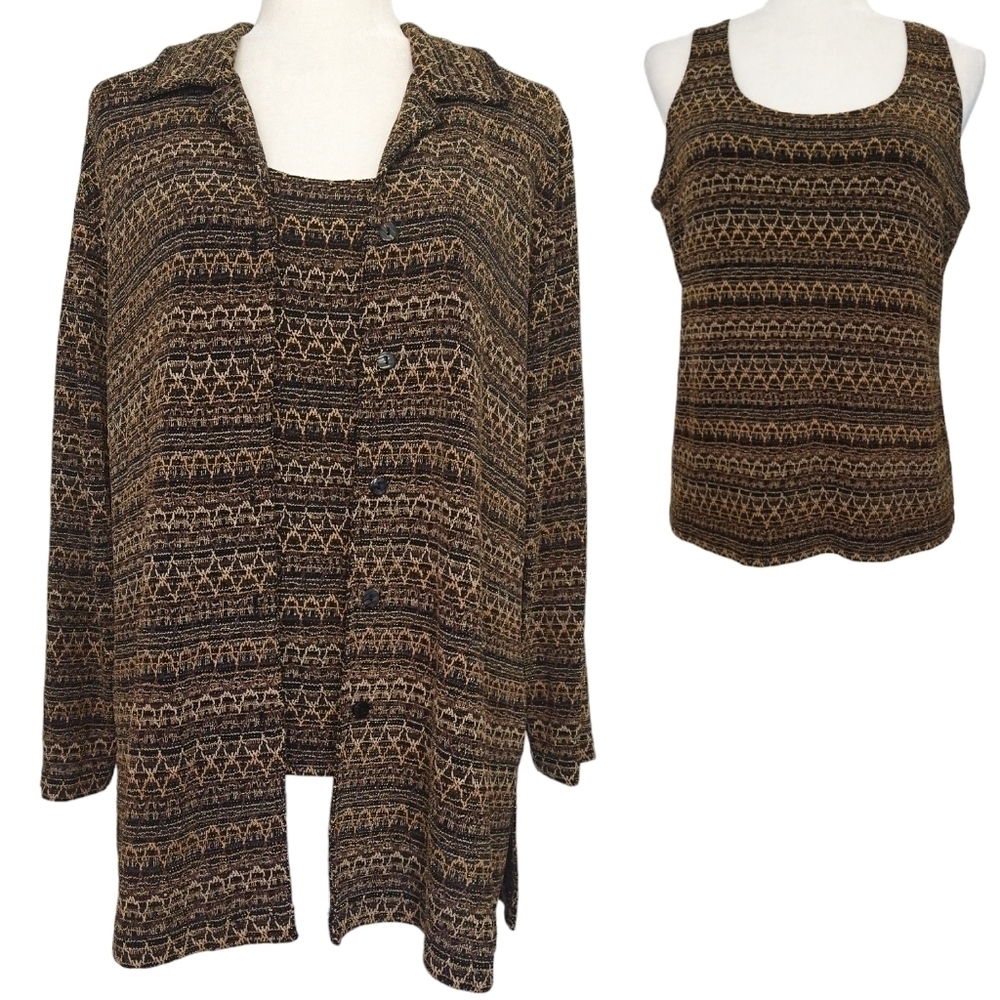 Vintage Chico's Design Black Tan Metallic Zigzag Stripe Jacket Tank Top Set of 2